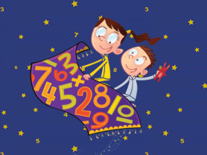 Two kids riding a magic carpet emblazoned with numbers