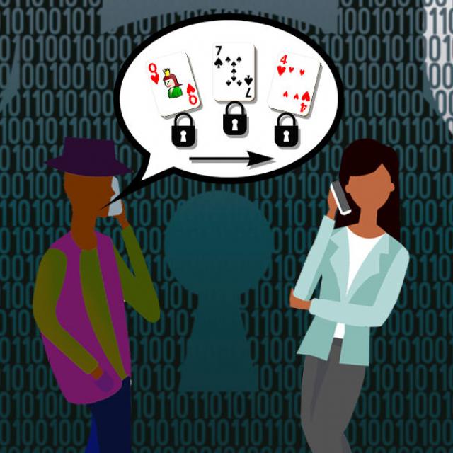 Illustration of two people discussing playing cards over the phone